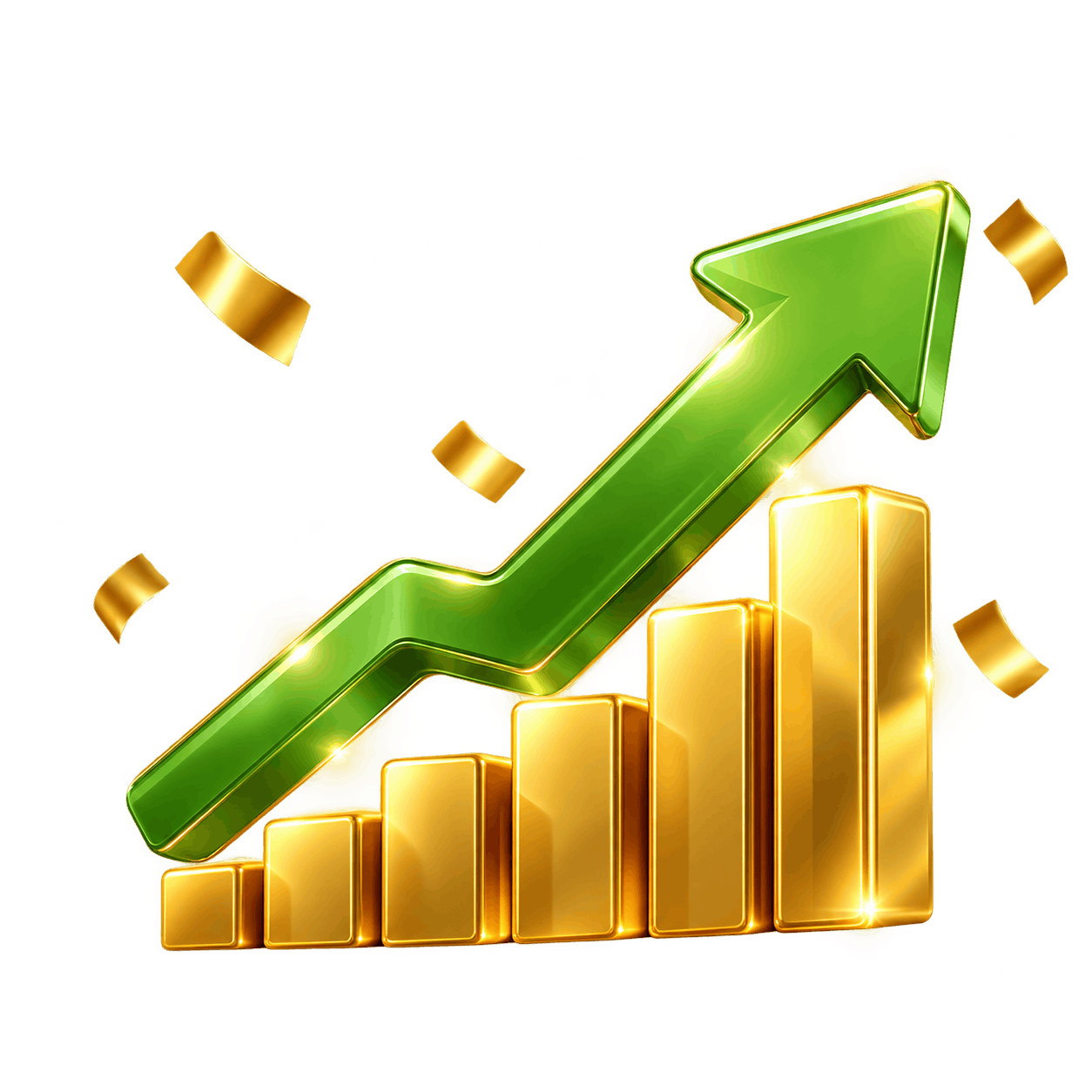 Green growth arrow above a gold chart