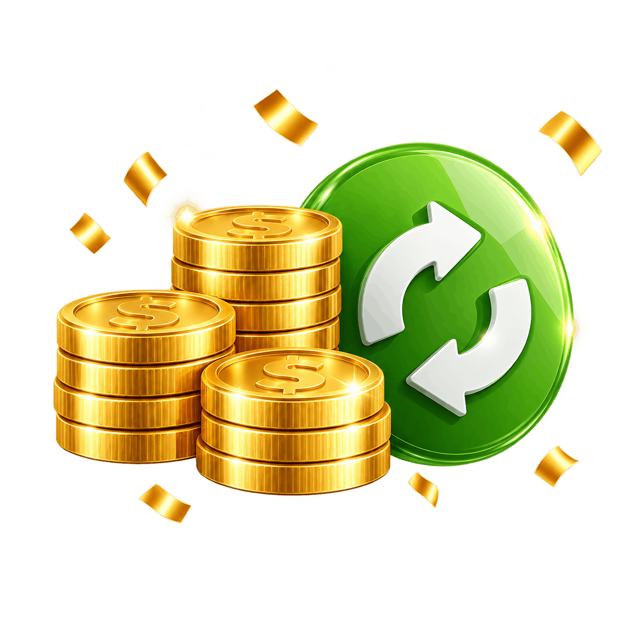 Gold coins and a green exchange symbol